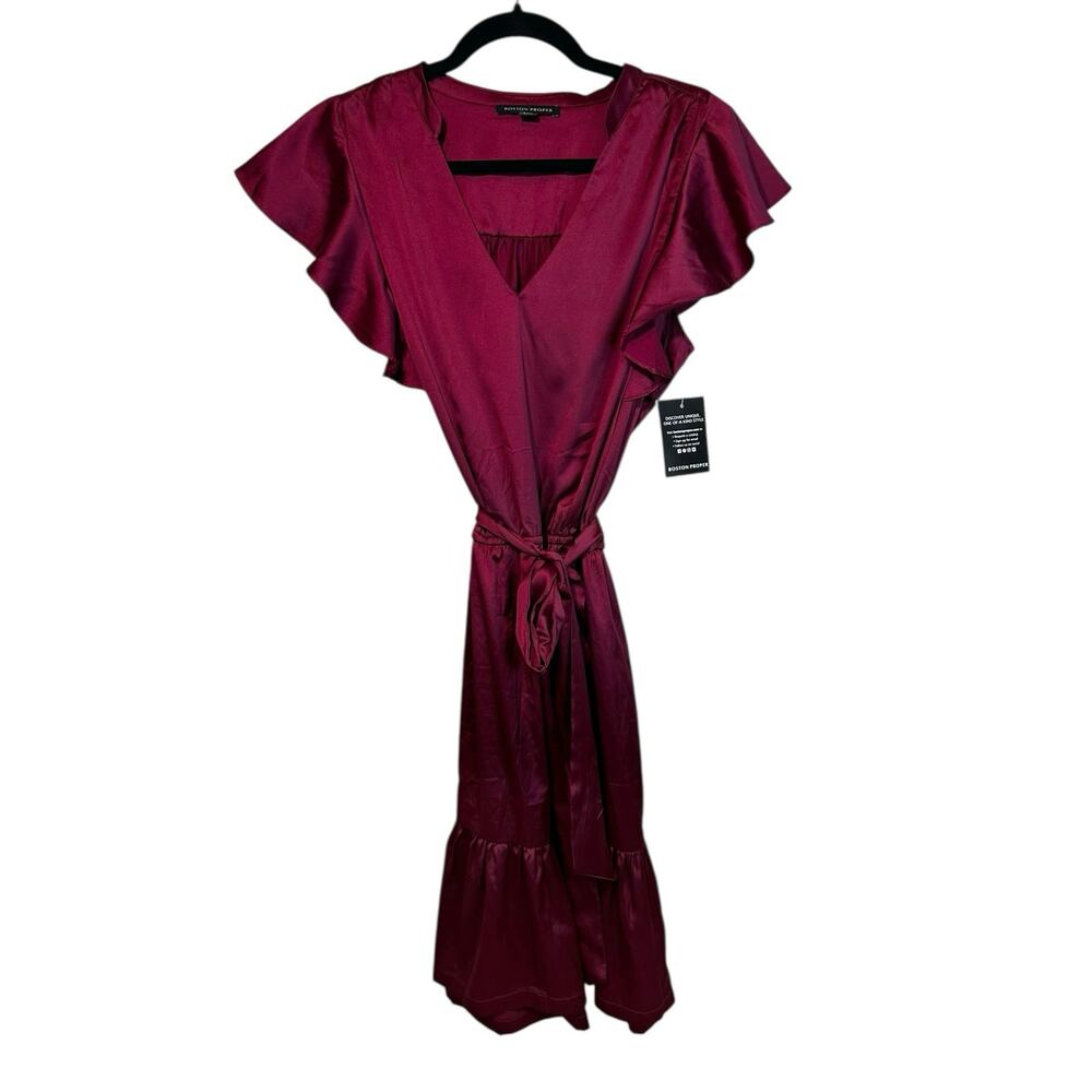 Boston Proper Ruffle Satin Tie Waist Midi Dress Cabernet Burgundy M Boho Retro